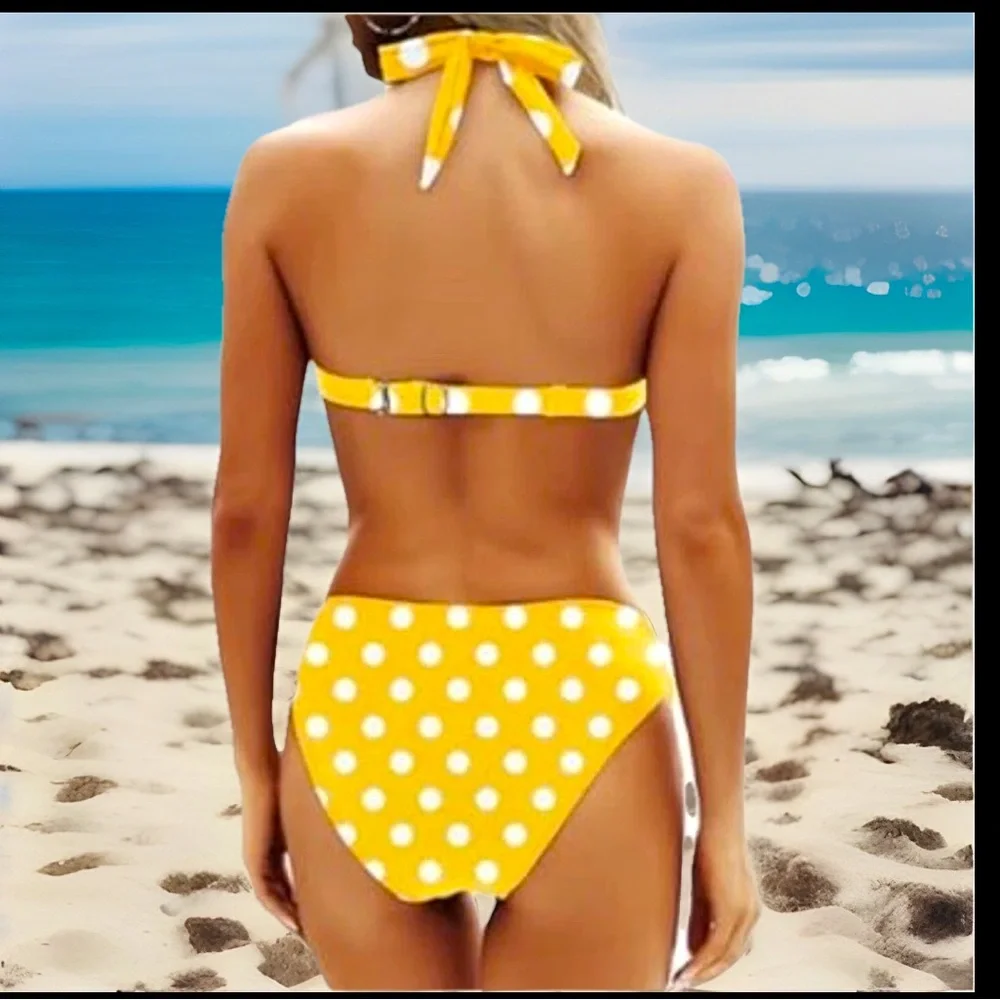 Yonique Yellow polkadot Bikini 2Pc Push Up Halter Top Vintage Style Bottoms NWT